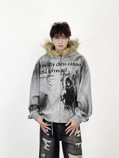 Fake Fur Collar Heavyweight Oversize Zipper Hoodie WN24276
