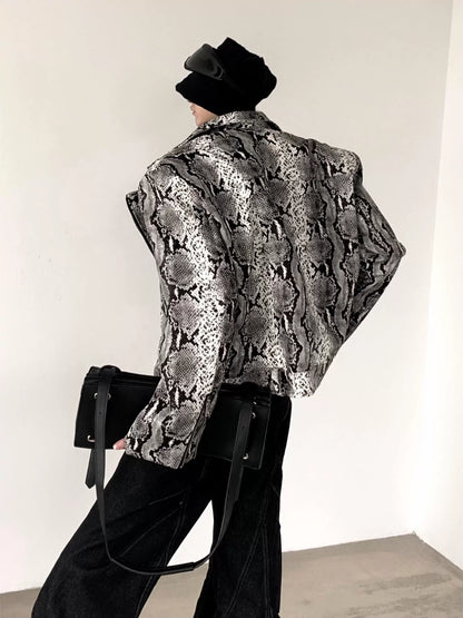 Snakeskin PU Leather Shoulder Pad Short Jacket WN9195