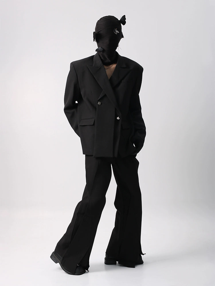 Asymmetrical Design Tailored Jacket &  Flare Pants Setup WN18693