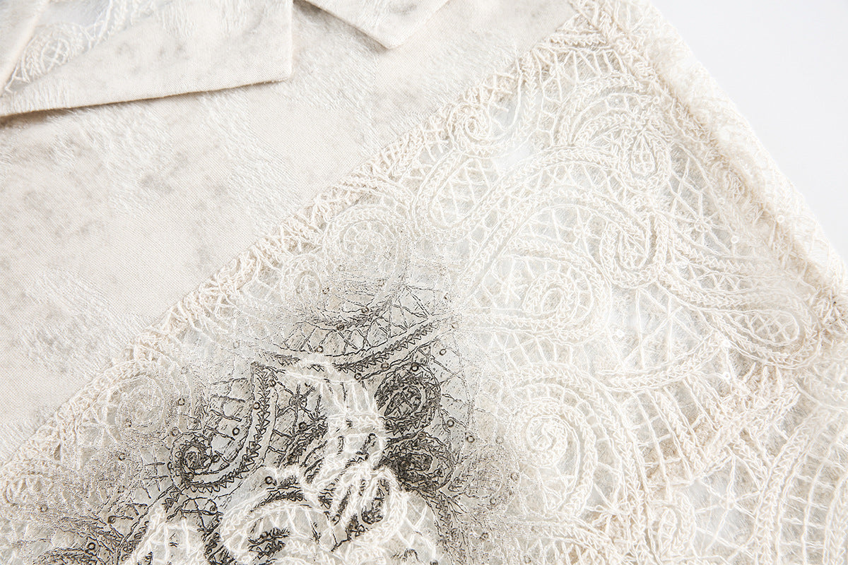 Graffiti Lace Cutout Short Sleeve Shirt WN16181