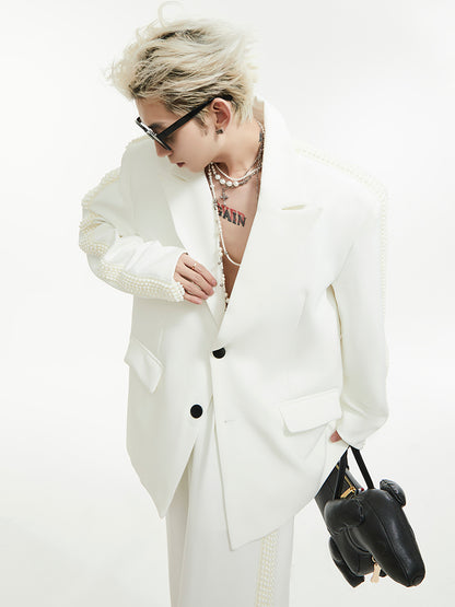 Pearl Detail Shoulder-pad Tailored Jacket & Draping Wide Leg Trousers Setup WN15447