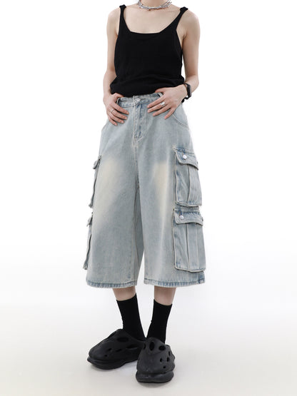 Wash Multi Pocket Ankle-length Wide Leg workwear Denim Jeans WN7549