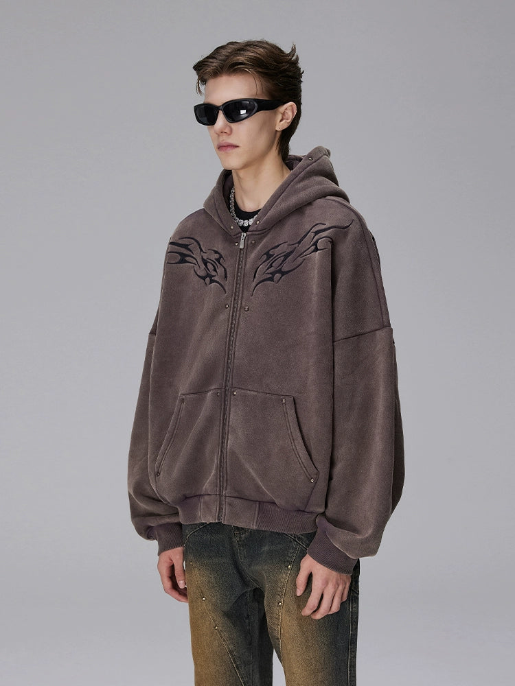 Washed Embroidery Design Zipper Hoodie WN17796