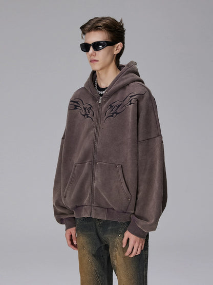 Washed Embroidery Design Zipper Hoodie WN17796