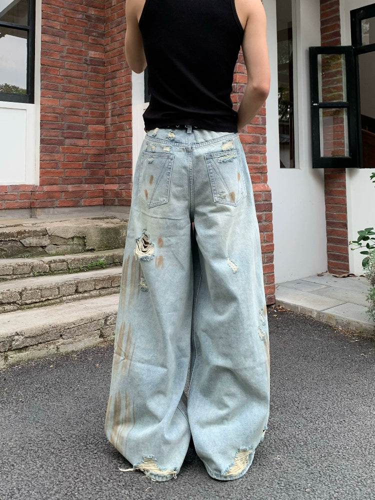 Damage Washed Wide Leg Denim Jeans WN19790