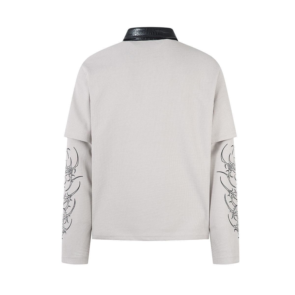 PU Leather Collar Thorn Print Fake Layered Long Sleeve Polo Shirt WN25550