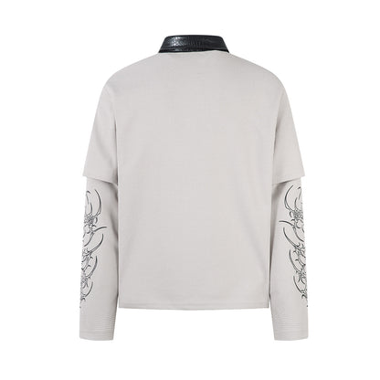 PU Leather Collar Thorn Print Fake Layered Long Sleeve Polo Shirt WN25550