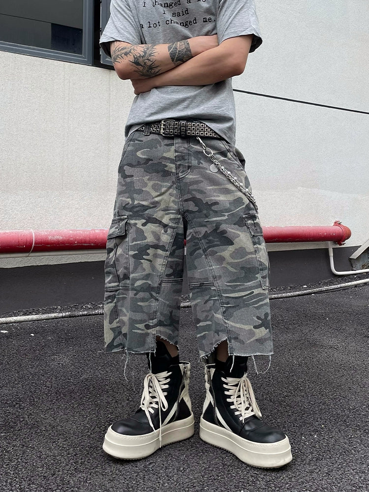 Camouflage Multi Pocket Damage Denim Cargo Half Pants WN18814