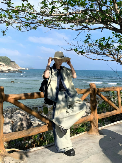 Paint Denim Short Sleeve Shirt & Wide Leg Denim Jeans Setup WN19866