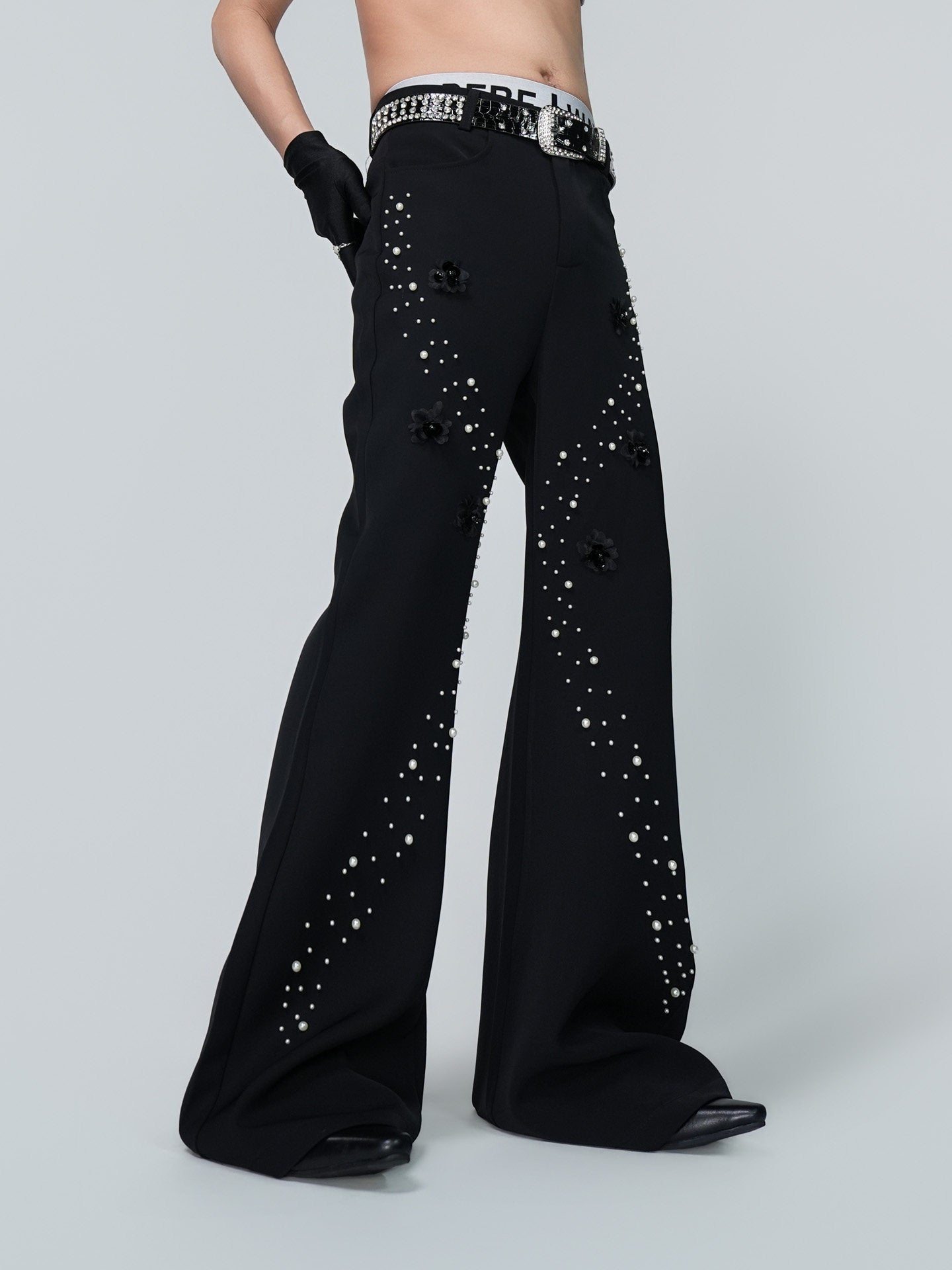 Rhinestone Flower Detail Flare PaTrousers WN24309