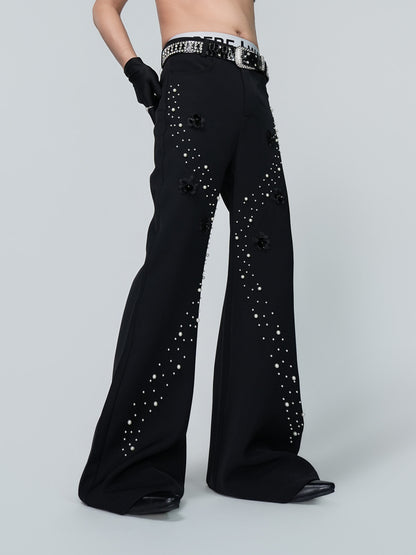 Rhinestone Flower Detail Flare PaTrousers WN24309