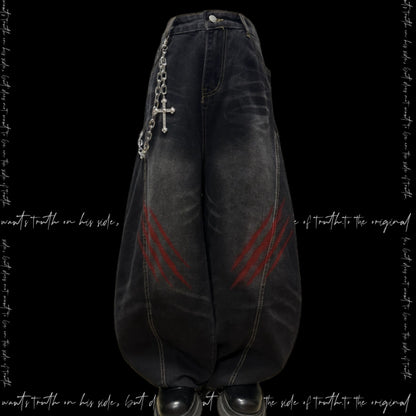 Washed Whisker Scratch Wide Leg Denim Jeans & Belt & Chain WN20117