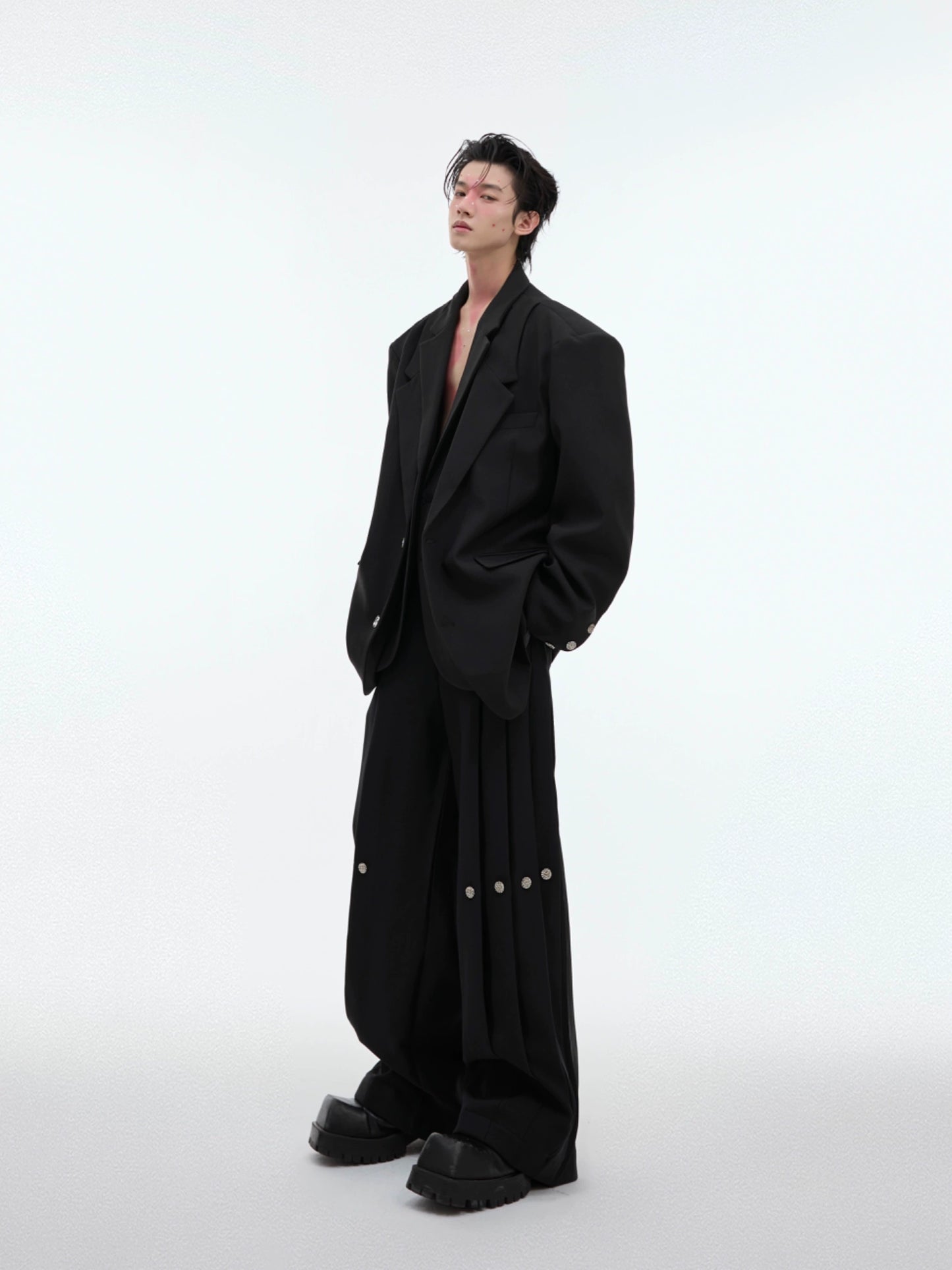 Double-layer Design Oversize Tailored Jacket & Wide Leg Pleats Trousers Setup WN8050