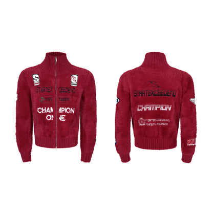 Letter Embroidery Print High-Neck Zipper Knit Cardigan WN22649