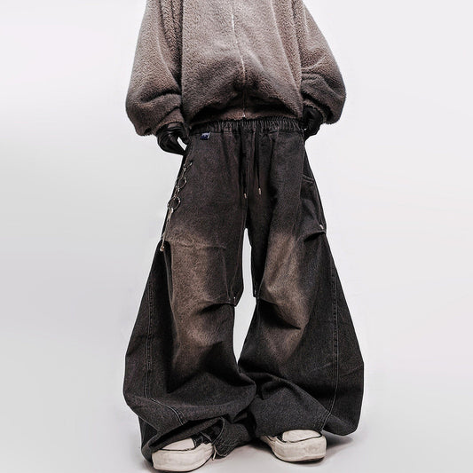 Pleats Curved Cut Wide Leg Denim Jeans WN23984