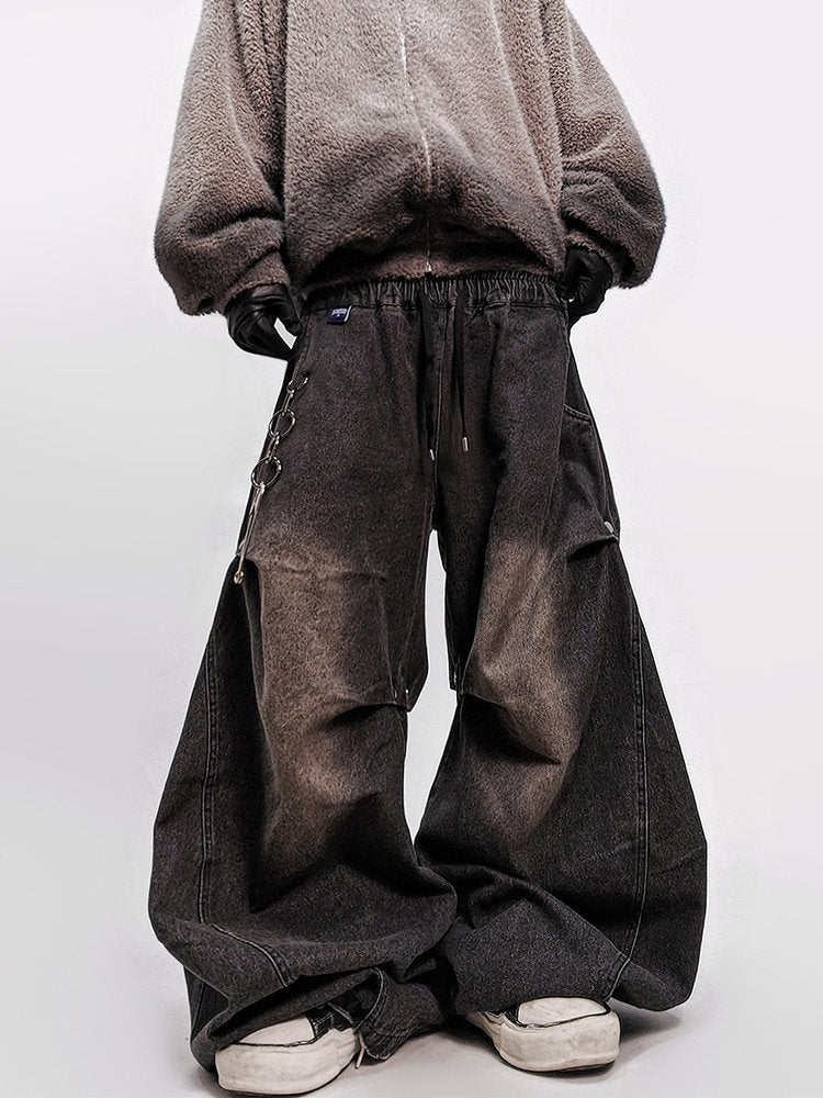 Pleats Curved Cut Wide Leg Denim Jeans WN23984