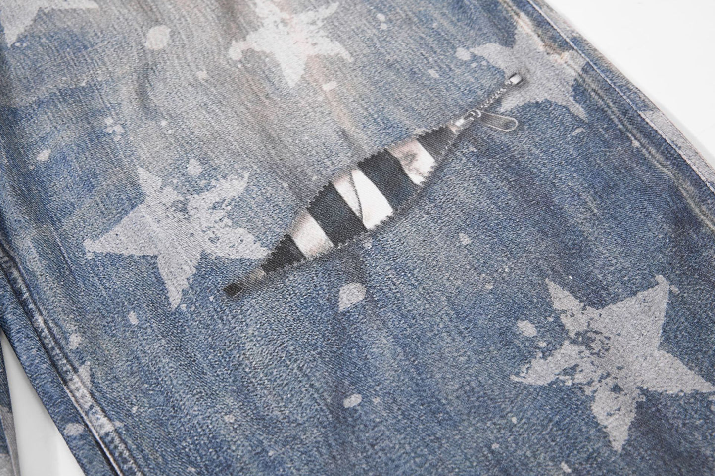 Star Print Fake Layered Curved Wide Leg Denim Jeans WN25728