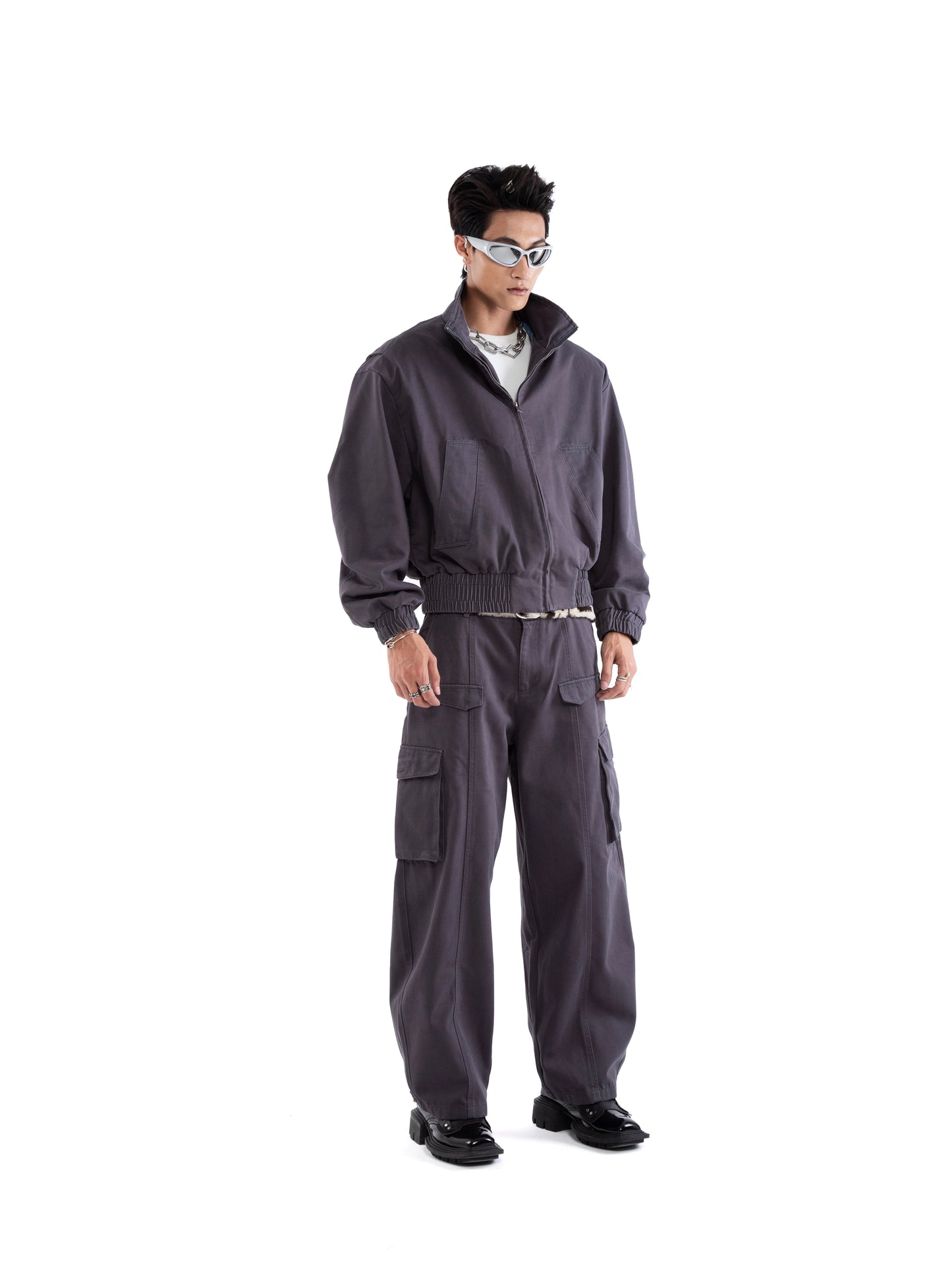 Stand Neck Zipper Short Jacket & Cargo Pants Setup WN20651