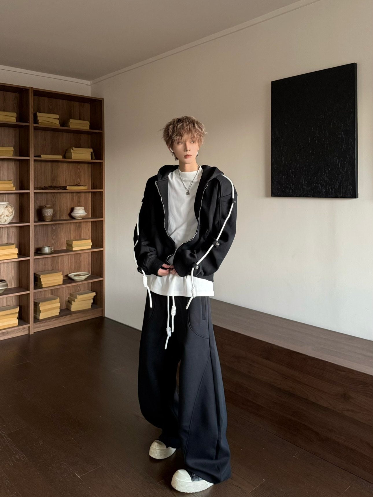 Drawstring Zipper Hoodie & Wide Leg Sweatpants Setup WN23181