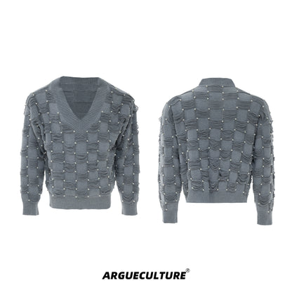 Pearl Beads V-Neck Fringe Knit Sweater WN21222