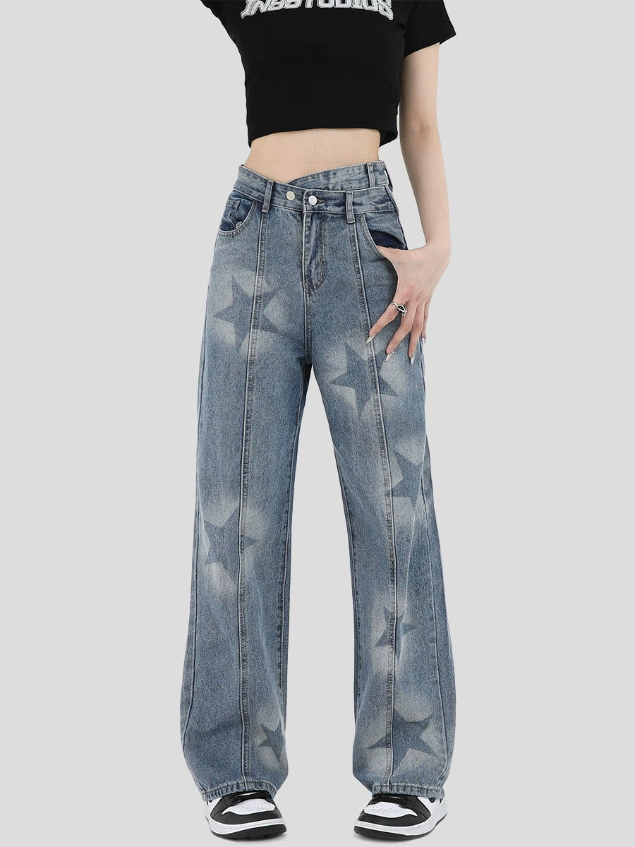 High Waist Star Wide-Leg Straight Denim Jeans WN7210