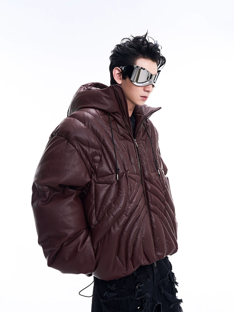 Matte Hooded PU Leather Puffer Jacket WN11699