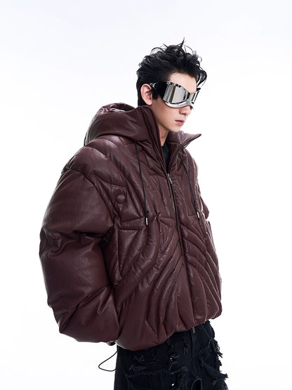 Matte Hooded PU Leather Puffer Jacket WN11699