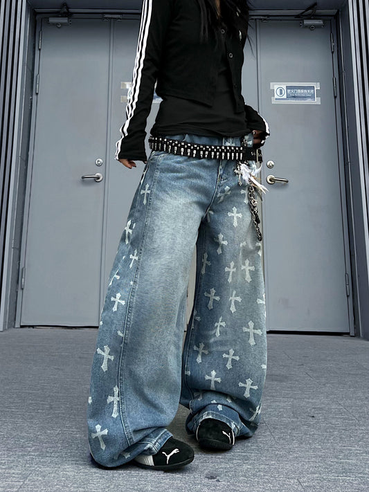 Cross Print Washed Curved Draped Wide Leg Denim Jeans WN24224