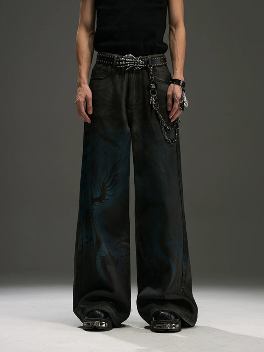 Chinese Dragon Spray Print Washed Wide-leg Denim Jeans WN13447