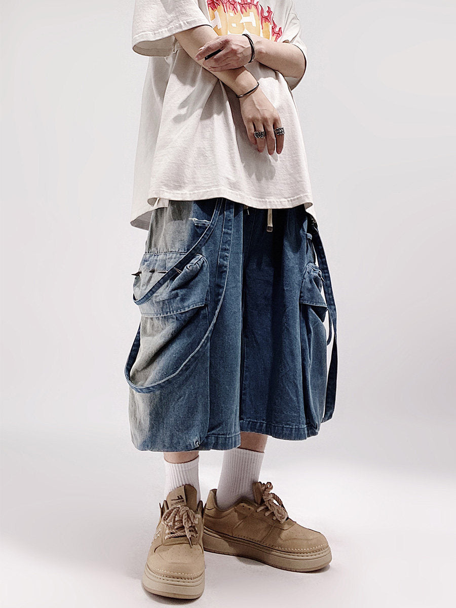 Wide-Leg Straight Cargo Denim Half Jeans WN23983