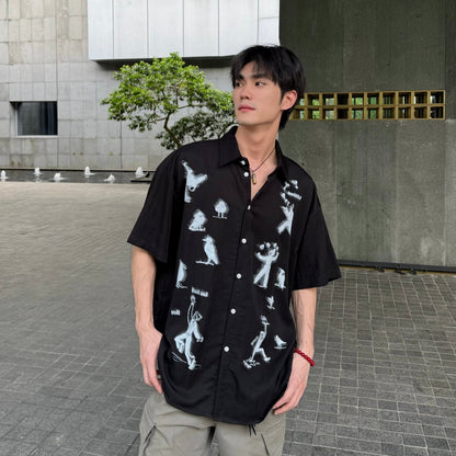 Draped Tencel Texture Portrait Print Oversize Short Sleeve Shirt WN25234