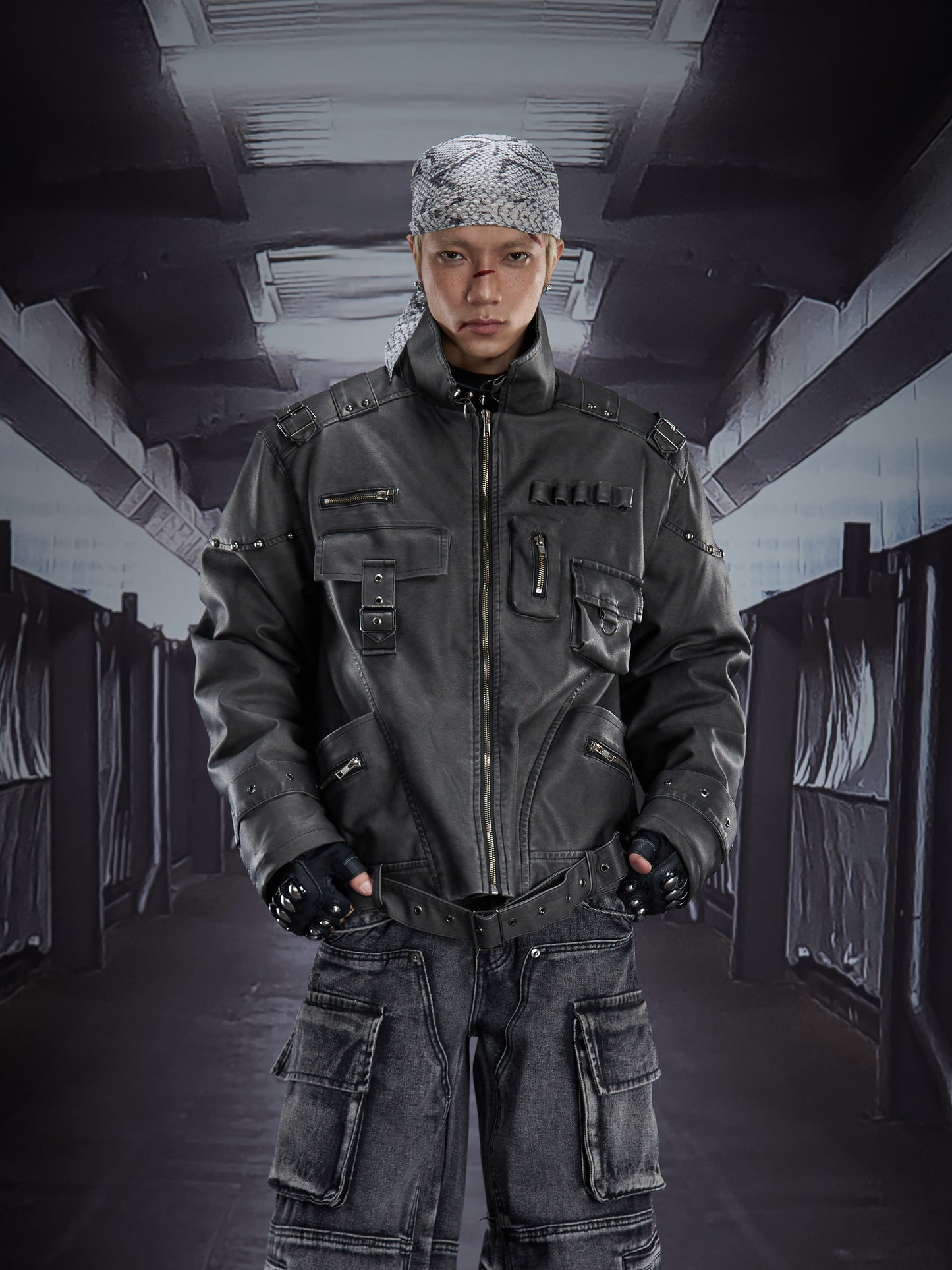 Heavy Deconstruct Patchwork Fitted Short PU Leather Jacket WN22910