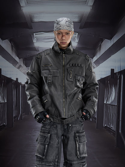 Heavy Deconstruct Patchwork Fitted Short PU Leather Jacket WN22910