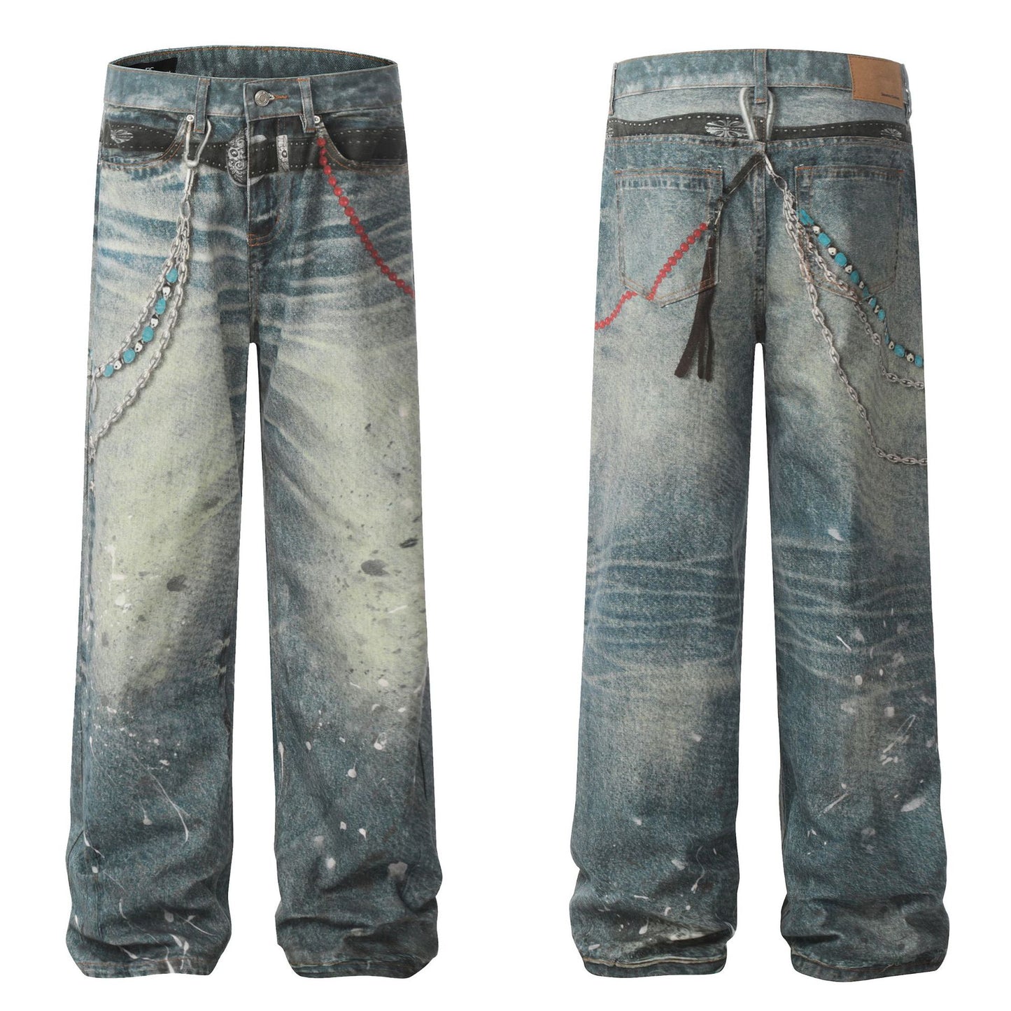 Washed Damage Wide Leg Straight Denim Jeans WN25896