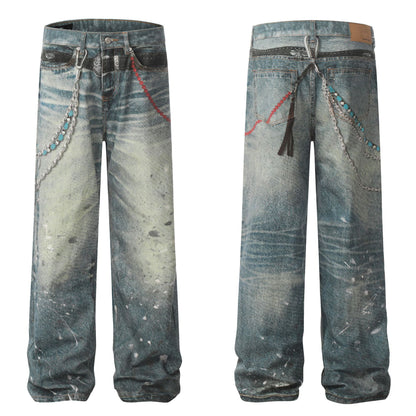 Washed Damage Wide Leg Straight Denim Jeans WN25896
