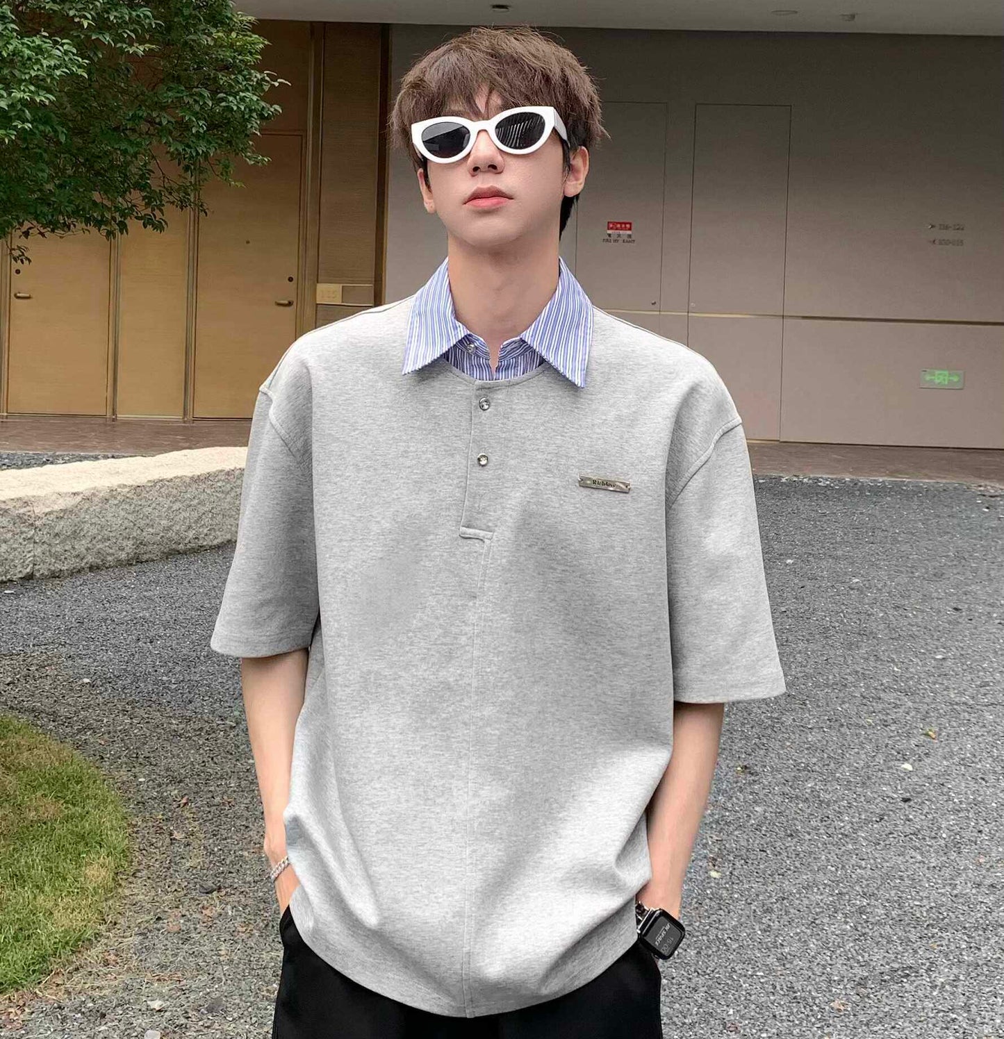 Fake Layered Striped Polo-Collar Patchwork Oversize Short Sleeve T-Shirt WN25263