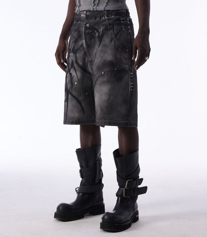 Washed Graffiti Dirty-Dye Denim Half Pants WN25741