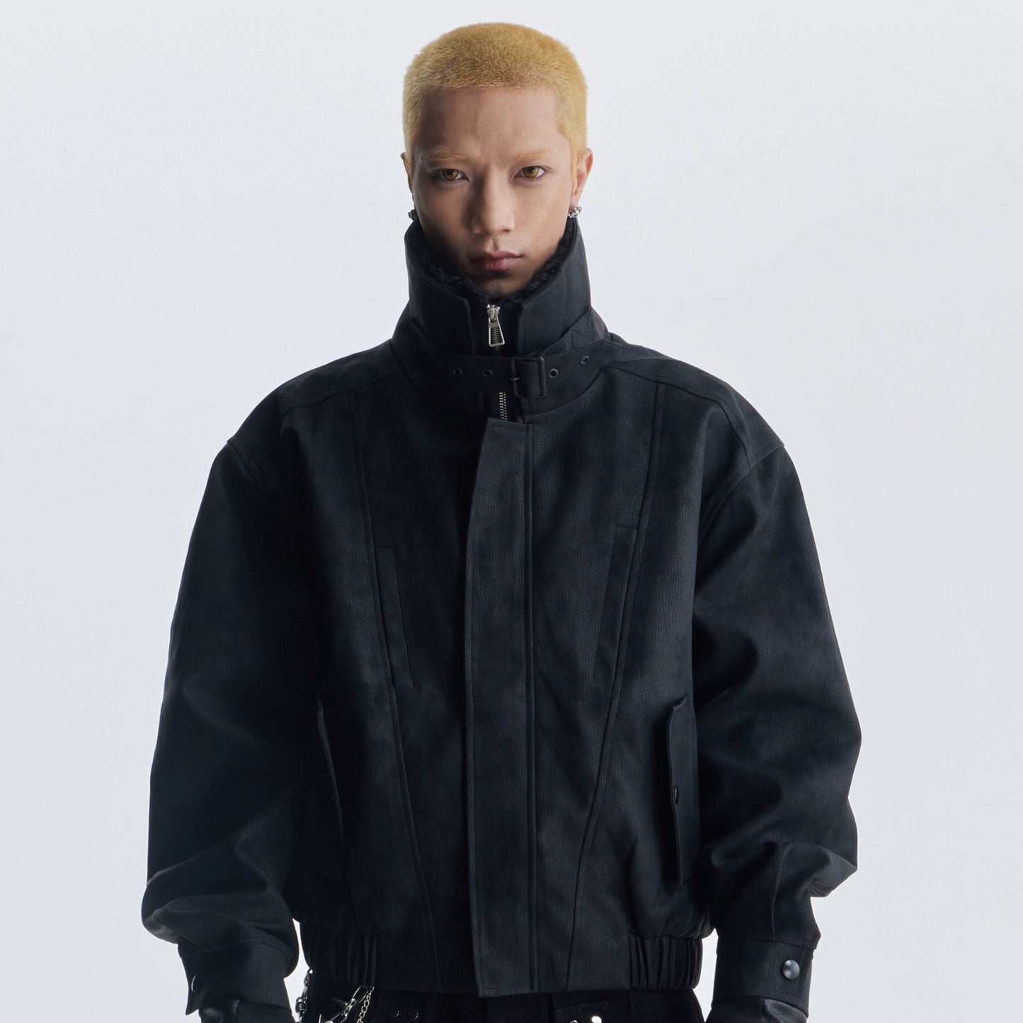 Belt Patchwork Fur Collar PU Leather Jacket WN20815