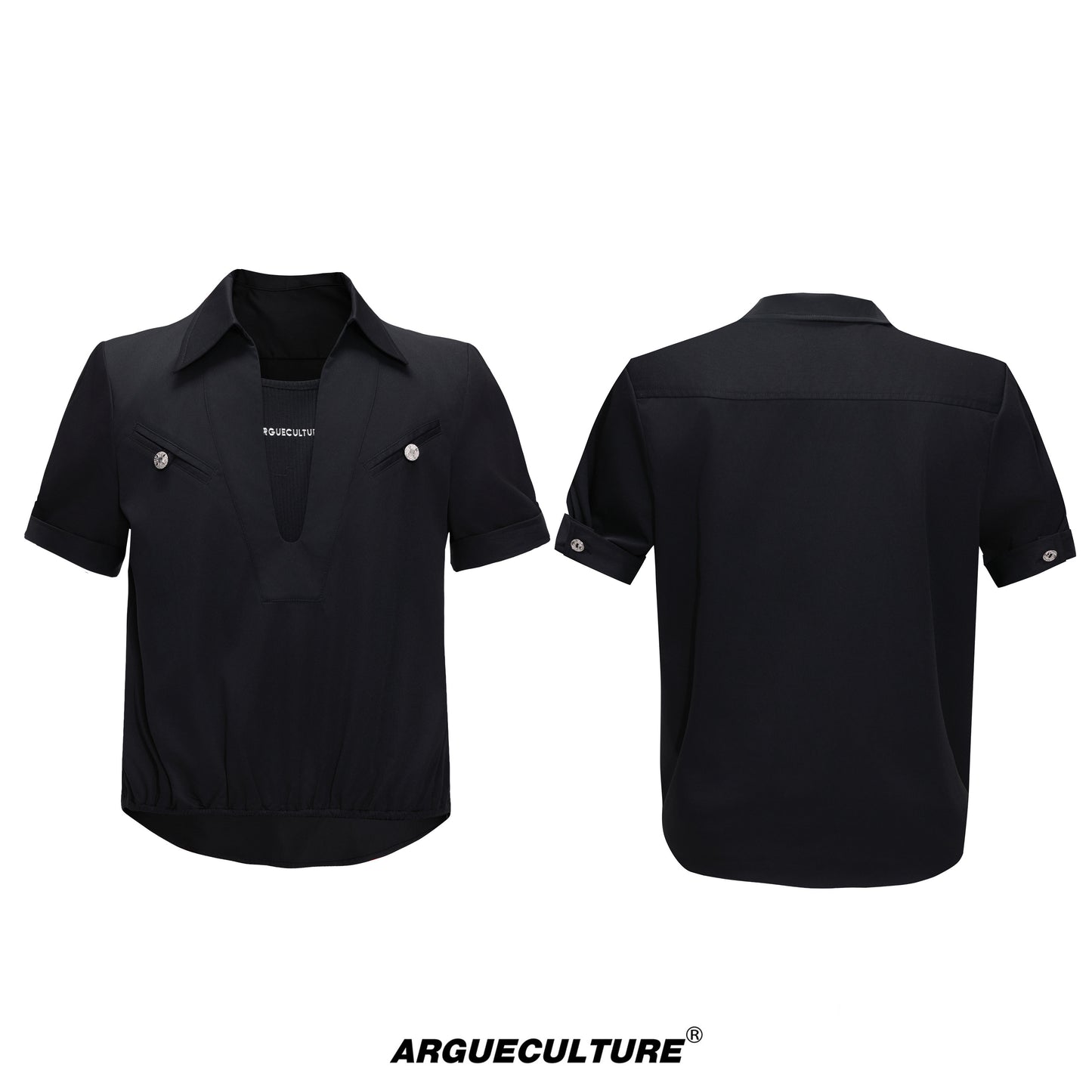 Fake Layered Workwear Elastic Hem Short Sleeve Shirt WN26992