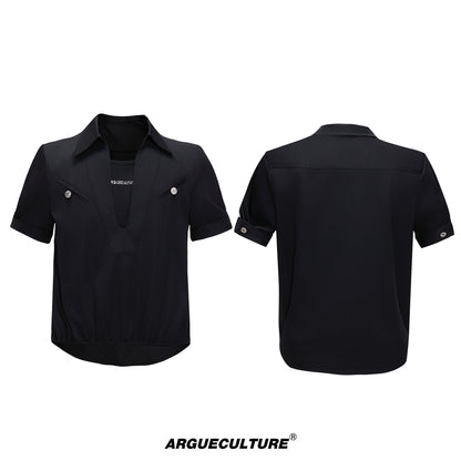Fake Layered Workwear Elastic Hem Short Sleeve Shirt WN26992