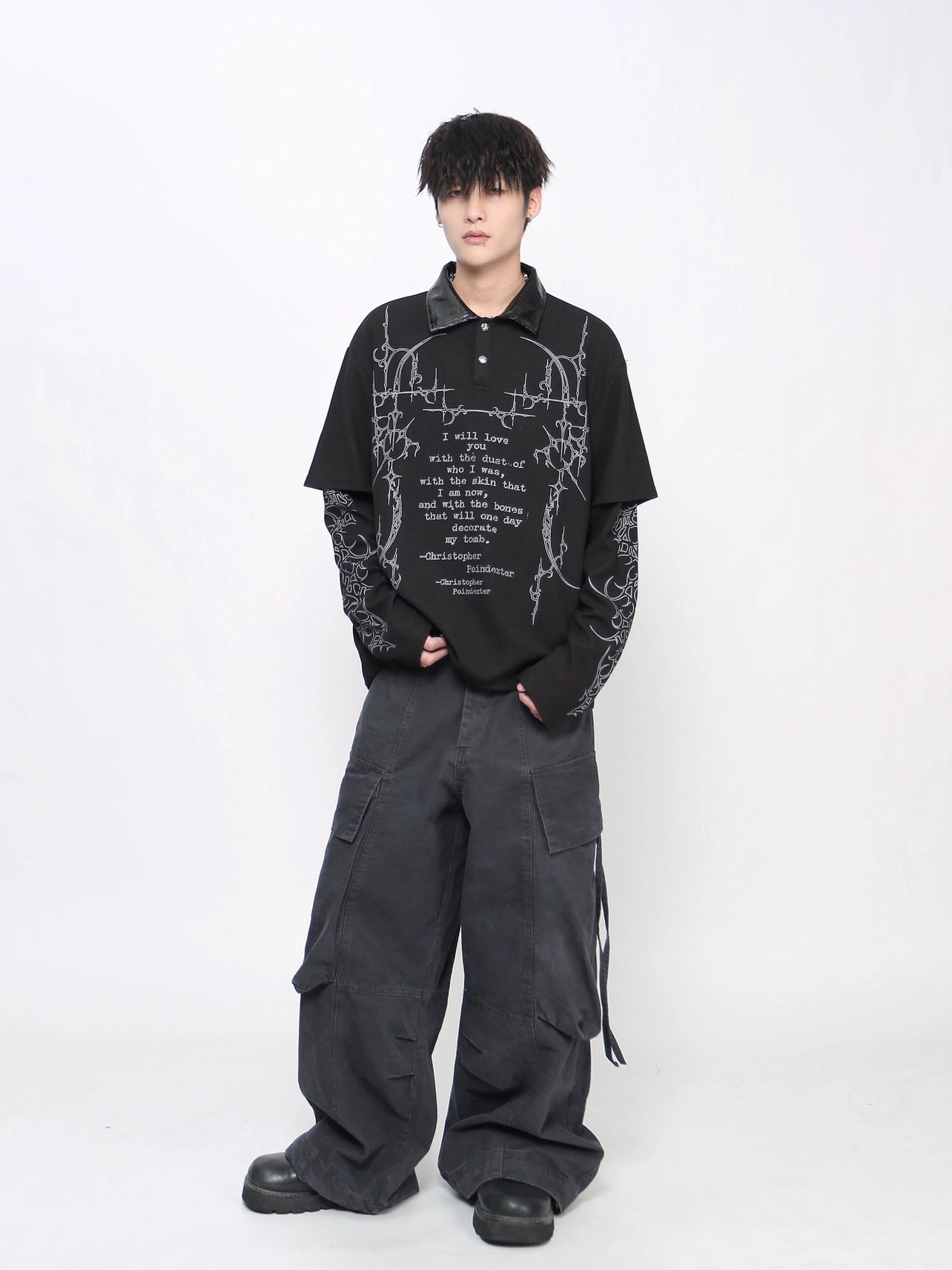 Gothic Print Fake Layered Waffle Long Sleeve T-Shirt WN21030