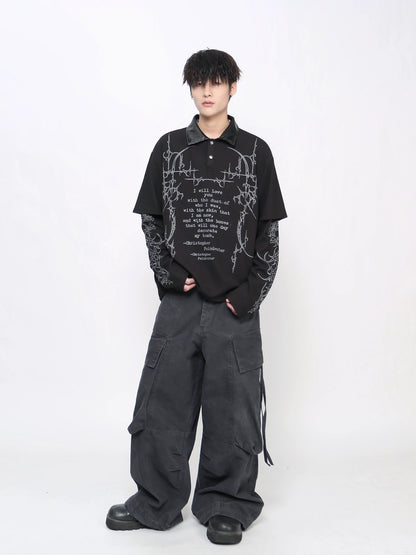 Gothic Print Fake Layered Waffle Long Sleeve T-Shirt WN21030