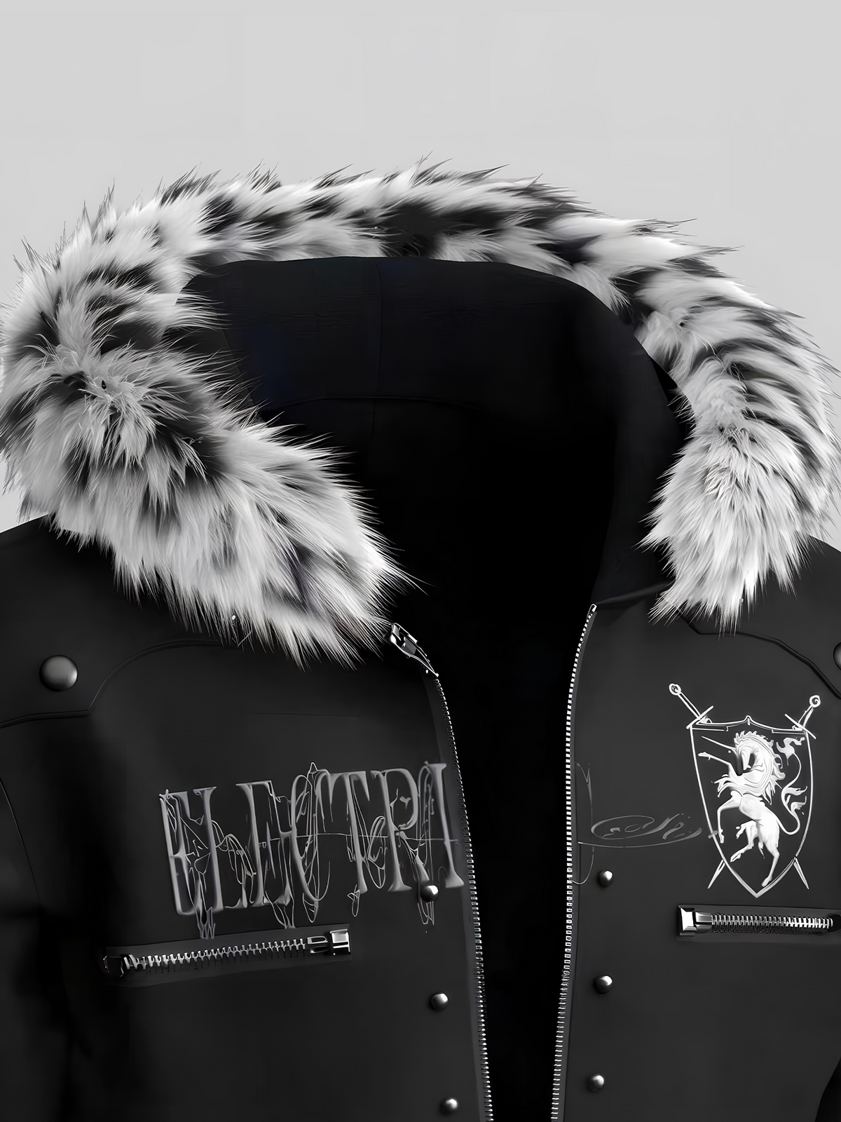 Leopard Fake Fur Collar Shield Emblem Hooded Jacket WN27112