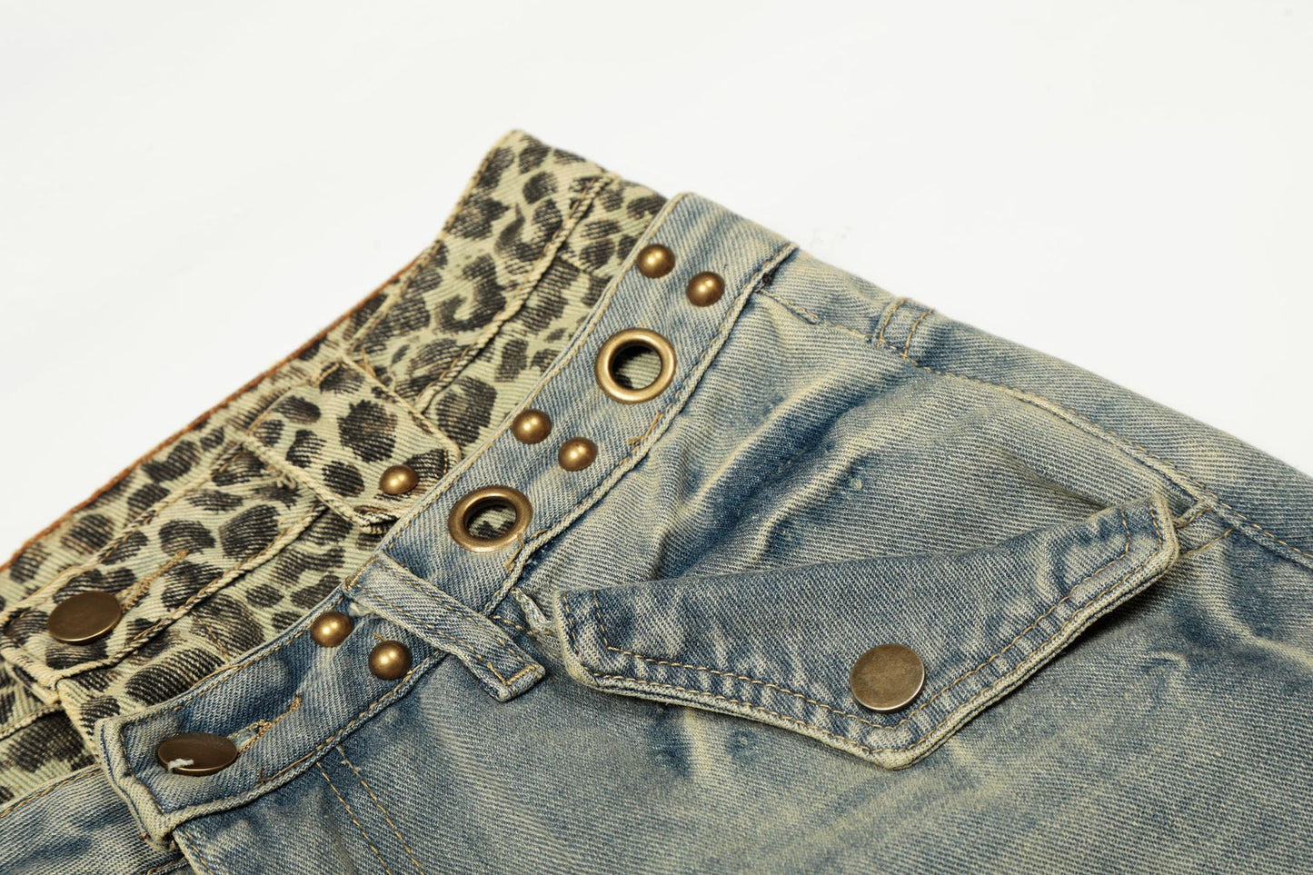 Leopard Waistband Washed Whisker Wide Leg Denim Jeans WN25566