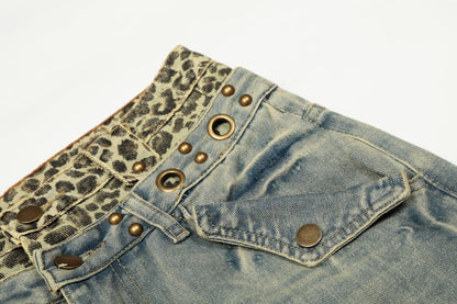 Leopard Waistband Washed Whisker Wide Leg Denim Jeans WN25566