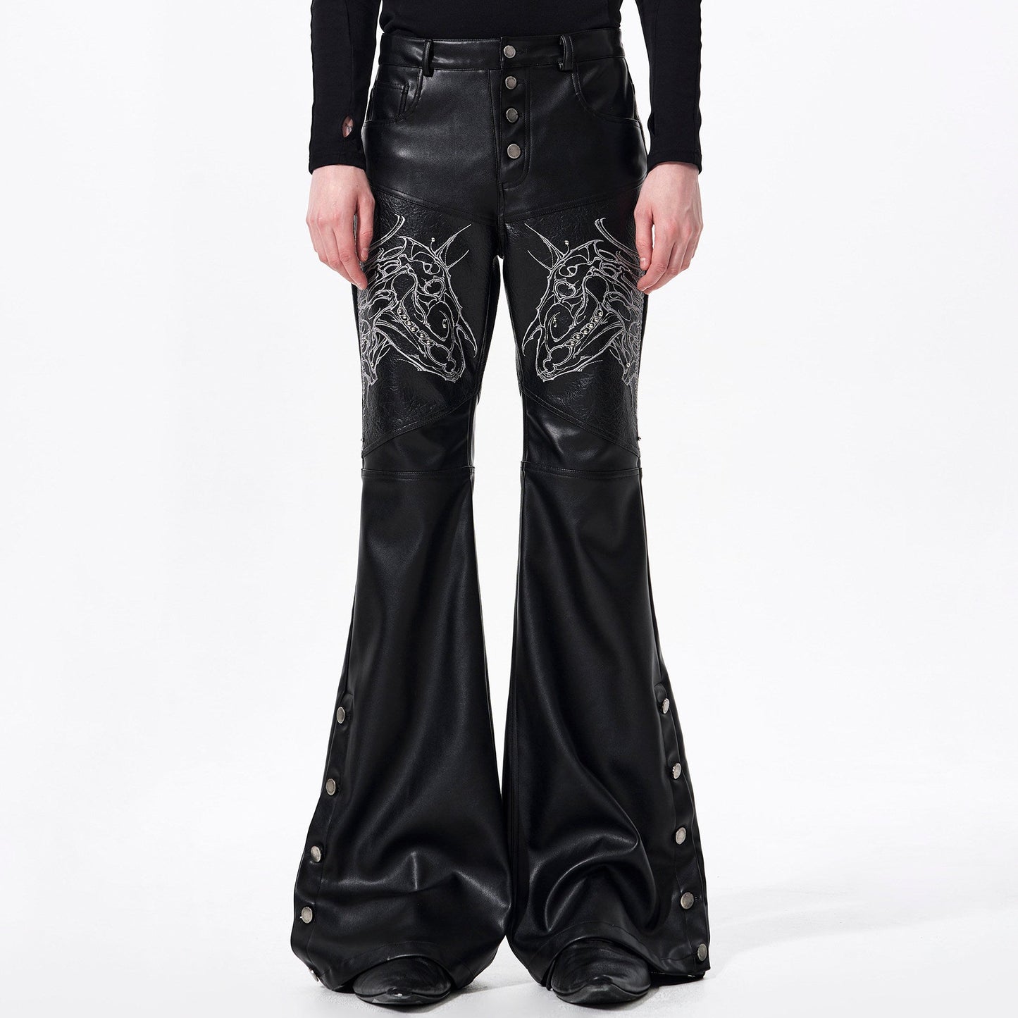 Horse Head Embroidery Flare Button Slit PU Leather Pants WN23287