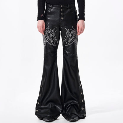 Horse Head Embroidery Flare Button Slit PU Leather Pants WN23287