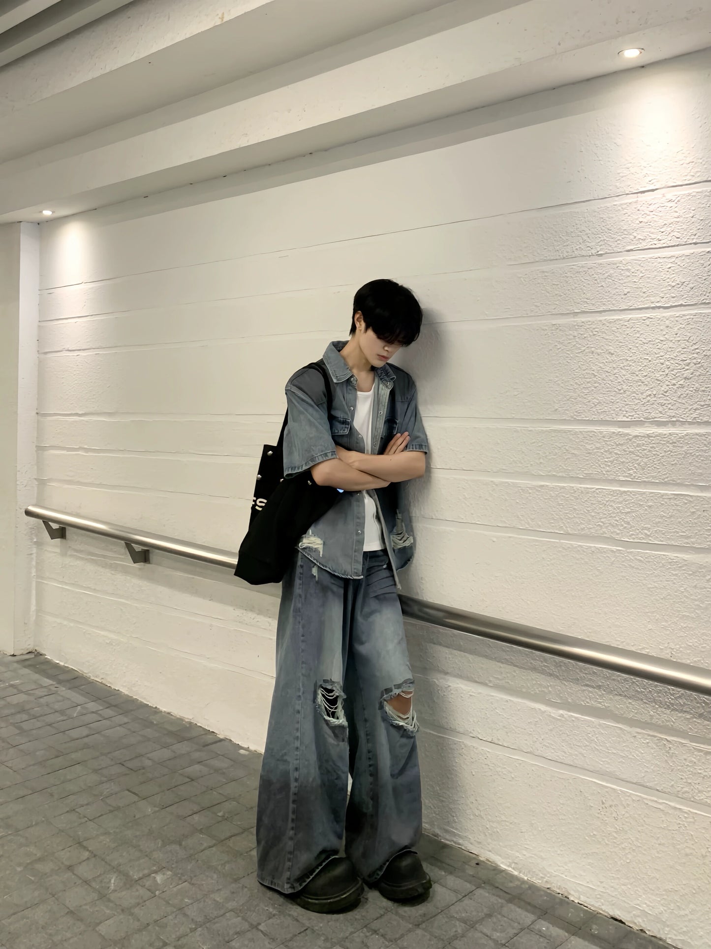 Washed Damage Deconstructed  Denim Jacket &  Damage Wide Leg Denim Jeans Setup WN19814