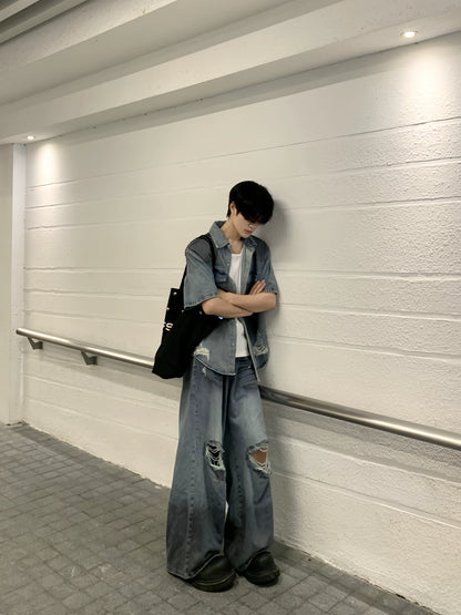 Washed Damage Deconstructed  Denim Jacket &  Damage Wide Leg Denim Jeans Setup WN19814