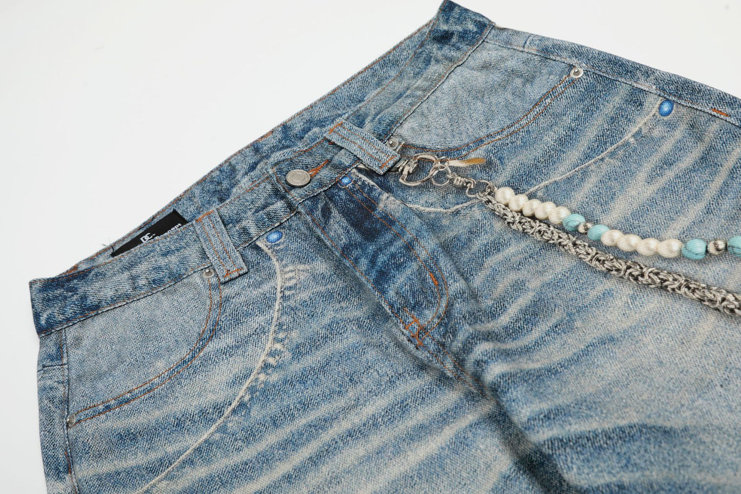 Digital Print Chain Design Wide Leg Denim Jeans WN18575